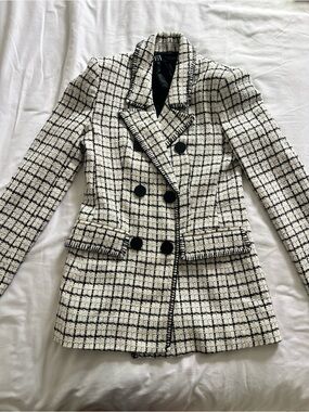 Zara Black & White Checked Double-Breasted Tweed Blazer Size Small